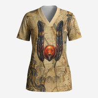 Montu Scrub Top Falcon Head War God Ancient Egyptian Map Feathers and Sun Disk