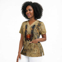Montu Scrub Top Falcon Head War God Ancient Egyptian Map Feathers and Sun Disk