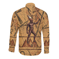 Min Ancient Egyptian Long Sleeve Button Shirt Fertility Symbol Sandstone Ankh Pyramid Pattern