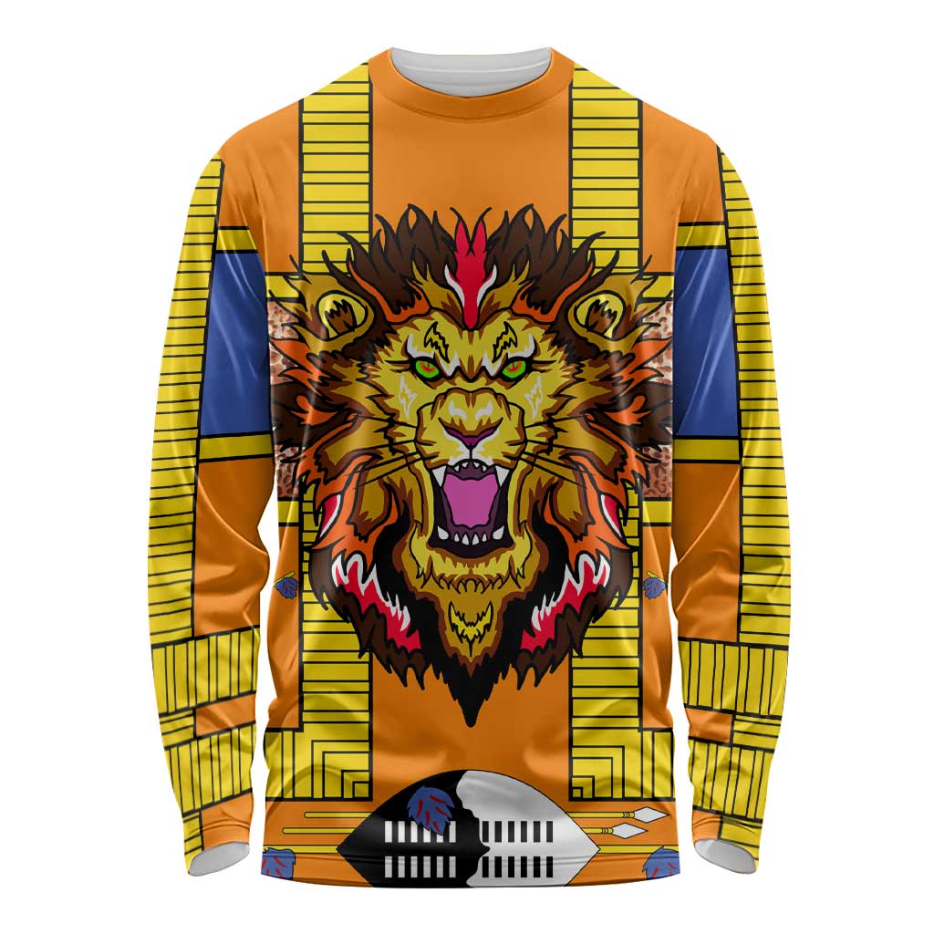 Swaziland Long Sleeve Shirt Lion Shield and Leopard Print Tribal Design