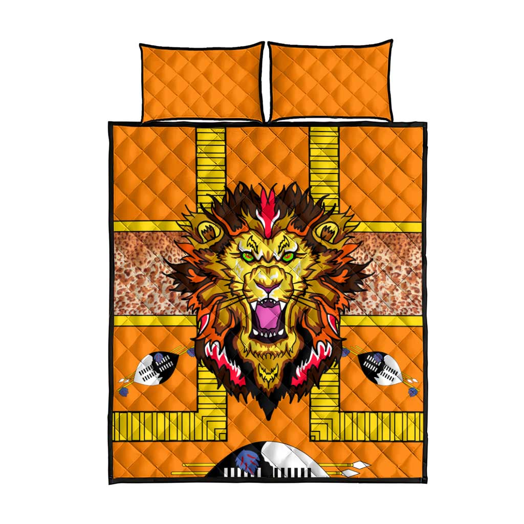 Swaziland Quilt Bed Set Lion Shield and Leopard Print Tribal Design