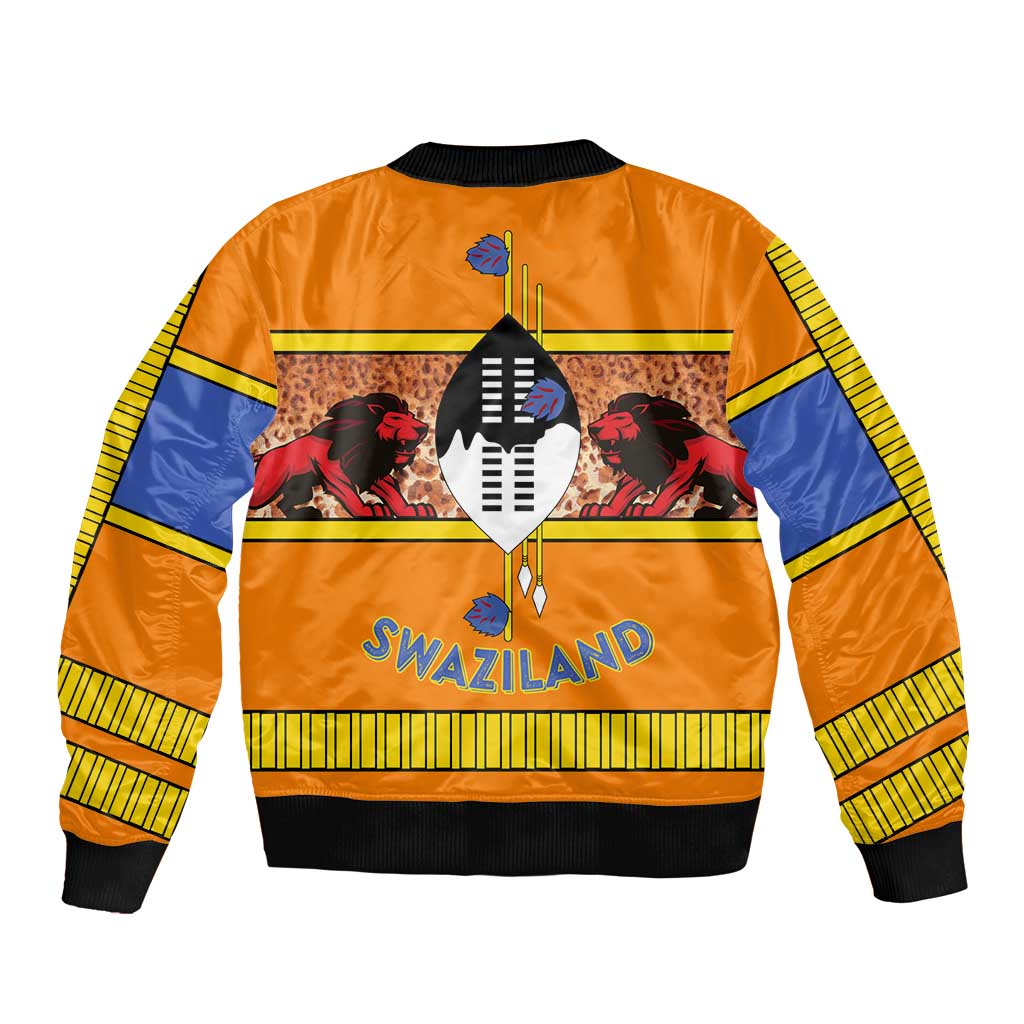 Swaziland Sleeve Zip Bomber Jacket Lion Shield and Leopard Print Tribal Design