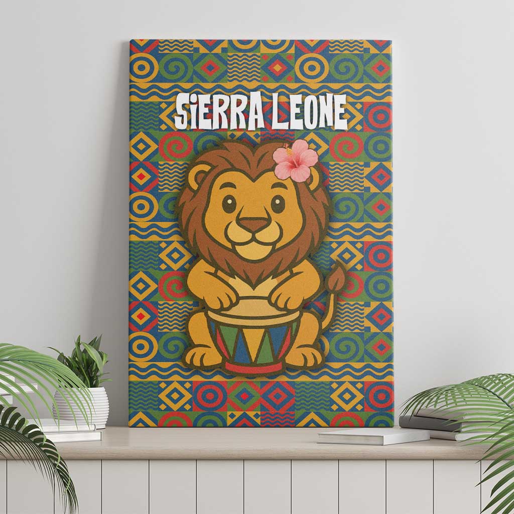 Sierra Leone Canvas Wall Art with Cute Lion Playing Djembe Drum and Tribal Pattern Design