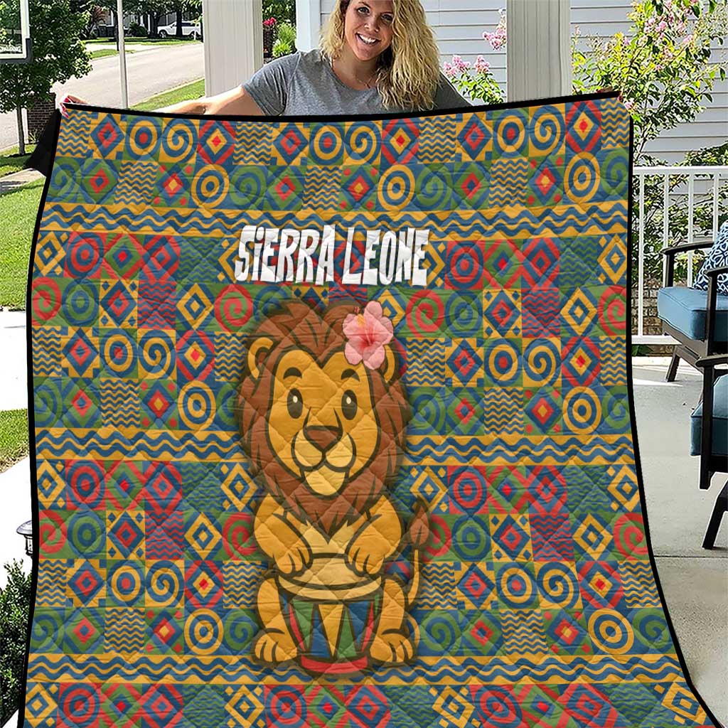 Sierra Leone Quilt with Cute Lion Playing Djembe Drum and Tribal Pattern Design