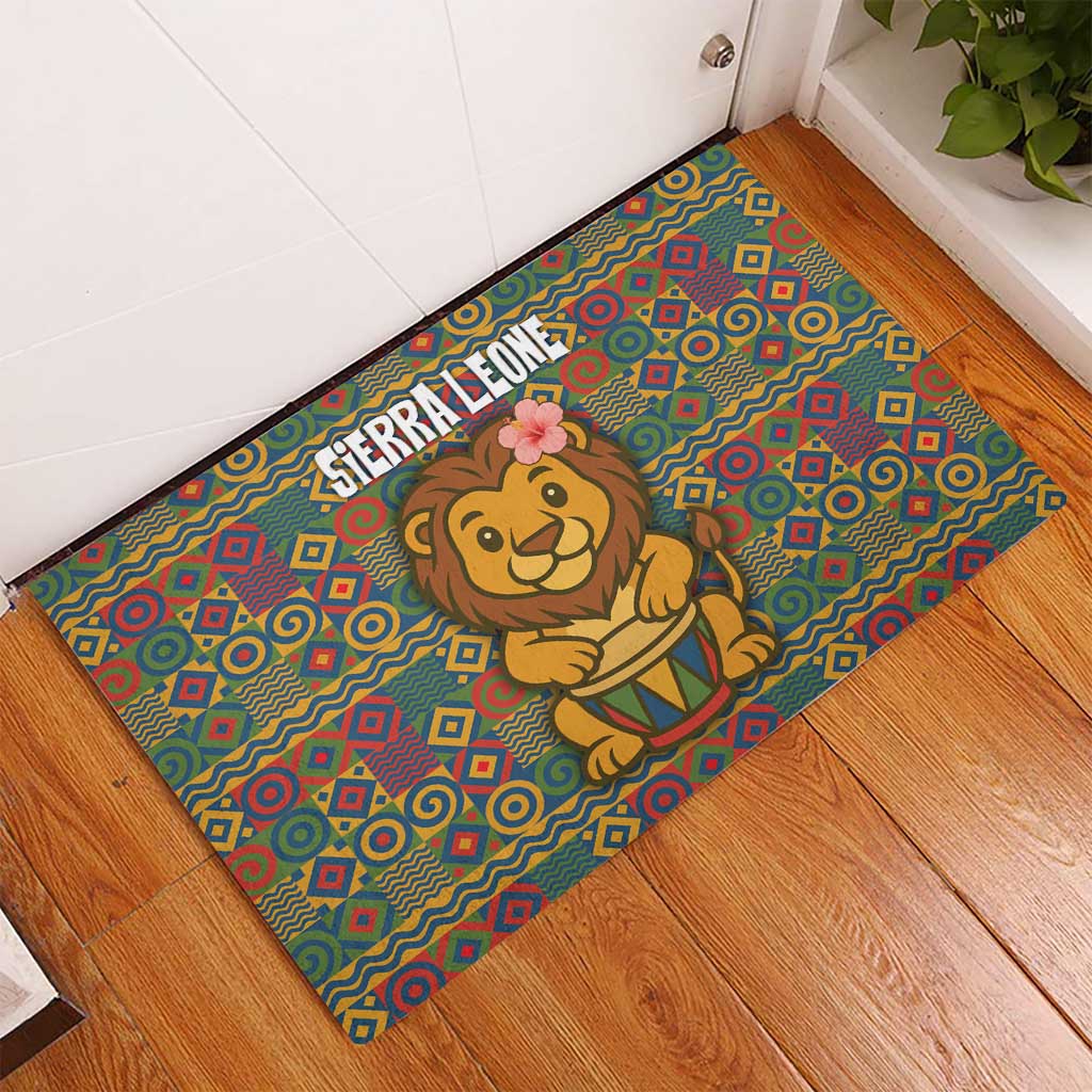 Sierra Leone Rubber Doormat with Cute Lion Playing Djembe Drum and Tribal Pattern Design