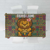 Lion-themed tablecloth with multicolor tribal pattern and lion holding a drum motif