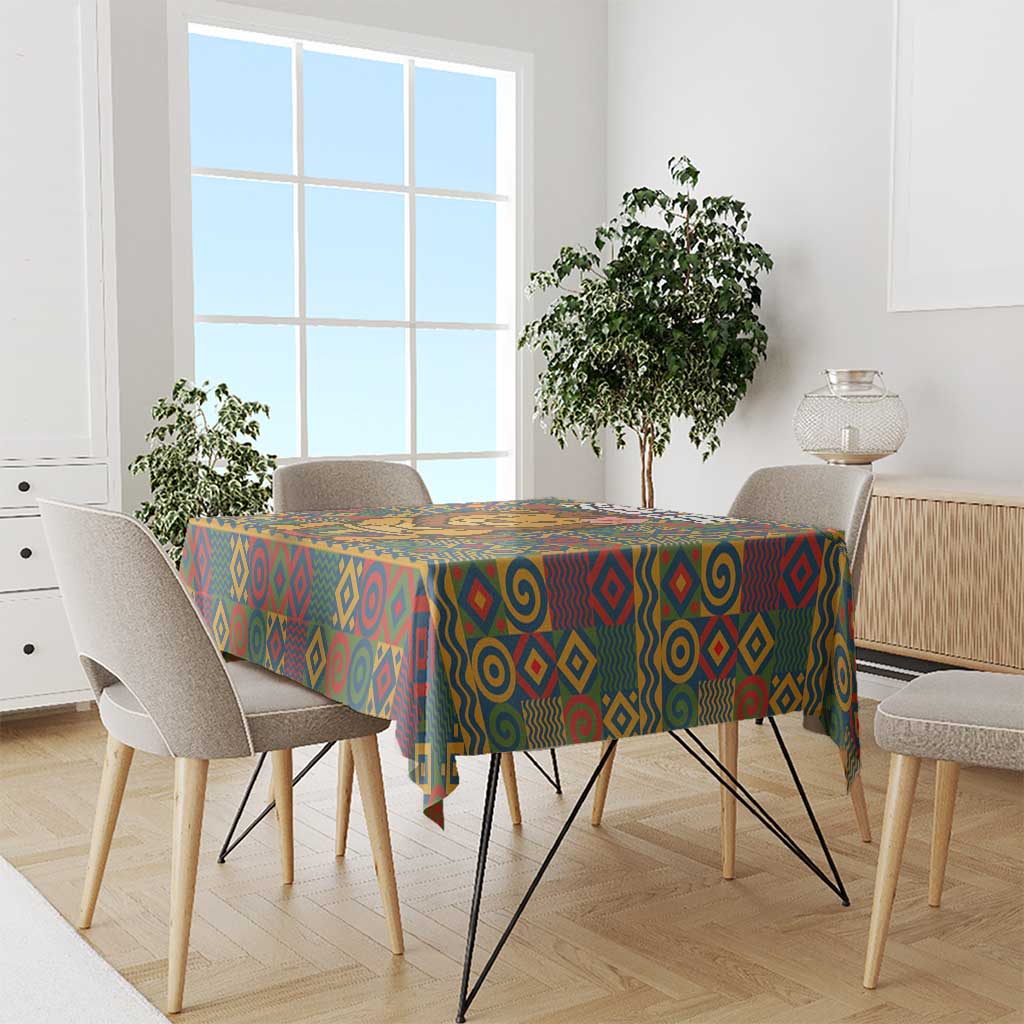 Multicolor tribal-pattern tablecloth with repeating geometric motifs