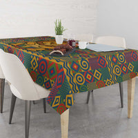 Geometric tribal-pattern tablecloth draped over dining table