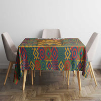 Square multicolor tribal-pattern tablecloth with central decorative band