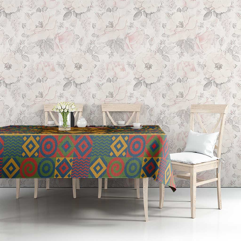 Multicolor tribal-pattern tablecloth with repeating diamond and swirl designs