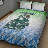 Sierra Leone Quilt Bed Set with Tribal Chimpanzee Design and Green Blue Gradient Pattern