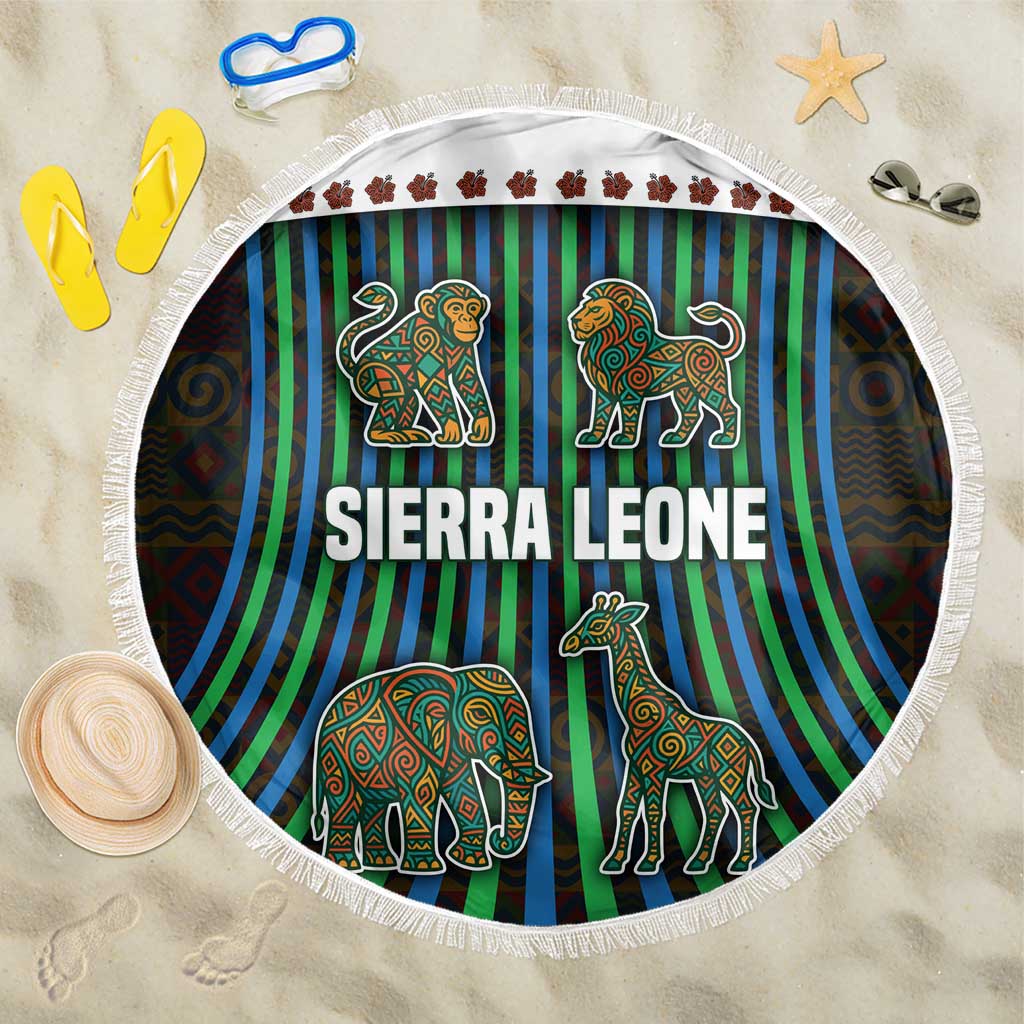 Sierra Leone Beach Blanket with Tribal Animal Pattern Featuring Lion Elephant Giraffe and Monkey