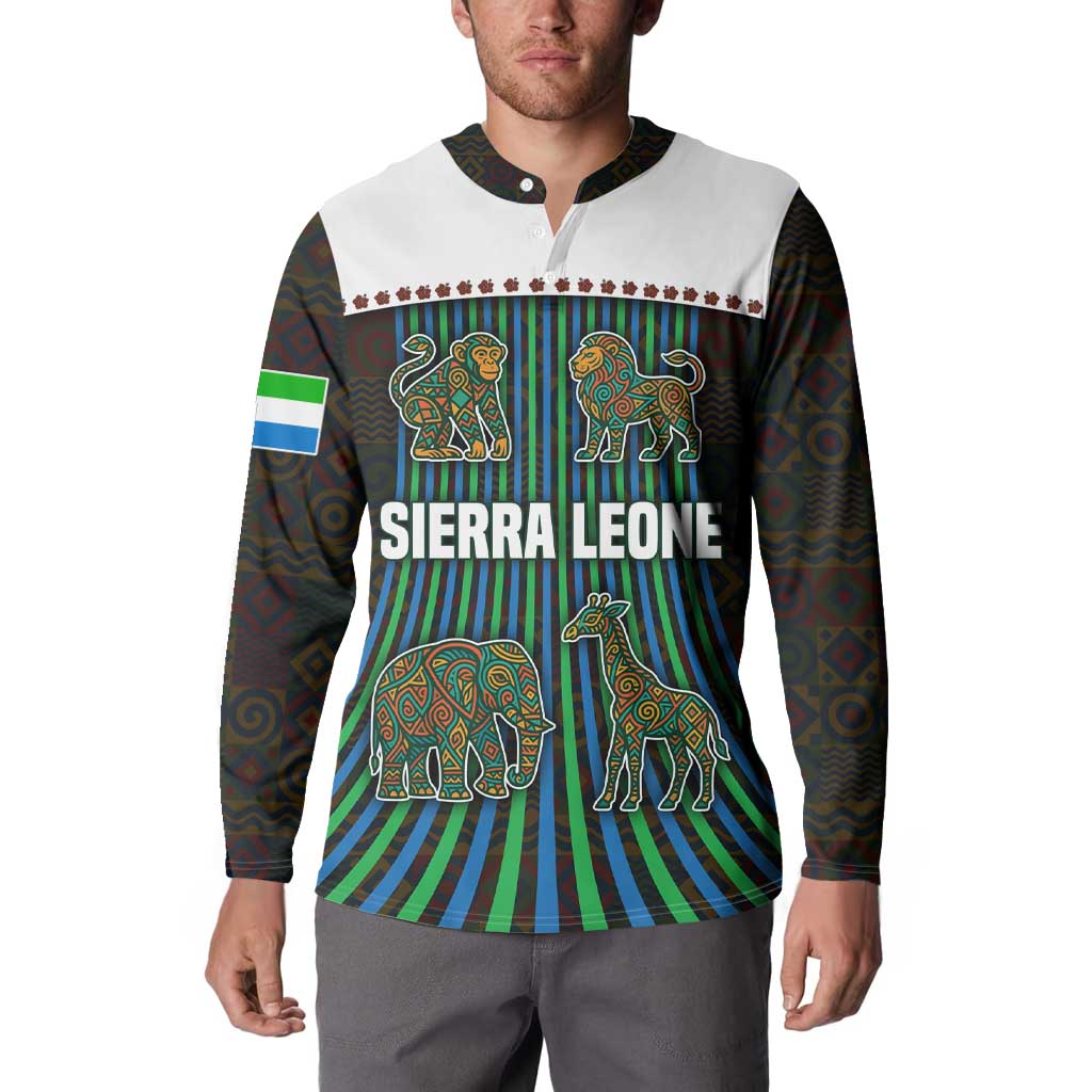 Sierra Leone Button Sweatshirt with Tribal Animal Pattern Featuring Lion Elephant Giraffe and Monkey