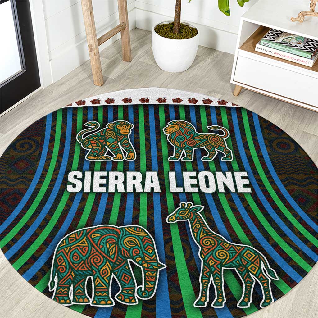 Sierra Leone Round Carpet with Tribal Animal Pattern Featuring Lion Elephant Giraffe and Monkey