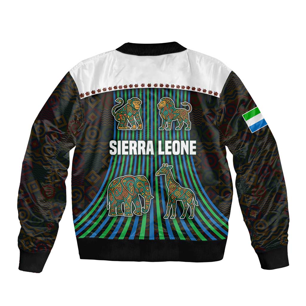 Unisex bomber jacket in black and white with ribbed cuffs and centered Sierra Leone animal graphic