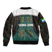 Unisex bomber jacket in black and white with ribbed cuffs and centered Sierra Leone animal graphic