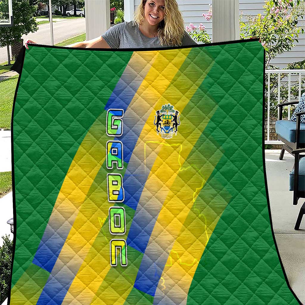 Gabon Flag Colors Quilt with National Coat of Arms and Vertical Text Design