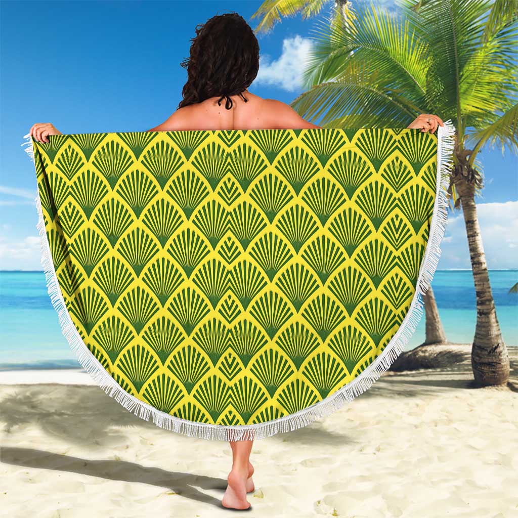 Gabon Tribal Pattern Beach Blanket with National Flag Colors and Bold Text Design