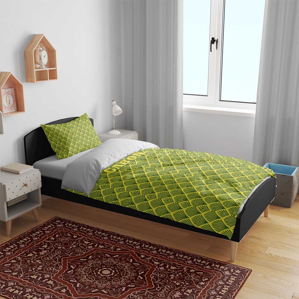 Gabon Tribal Pattern Bedding Set with National Flag Colors and Bold Text Design