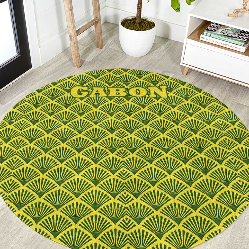 Gabon Tribal Pattern Round Carpet with National Flag Colors and Bold Text Design