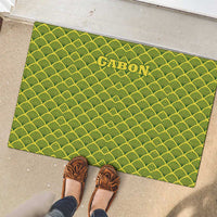 Gabon Tribal Pattern Rubber Doormat with National Flag Colors and Bold Text Design