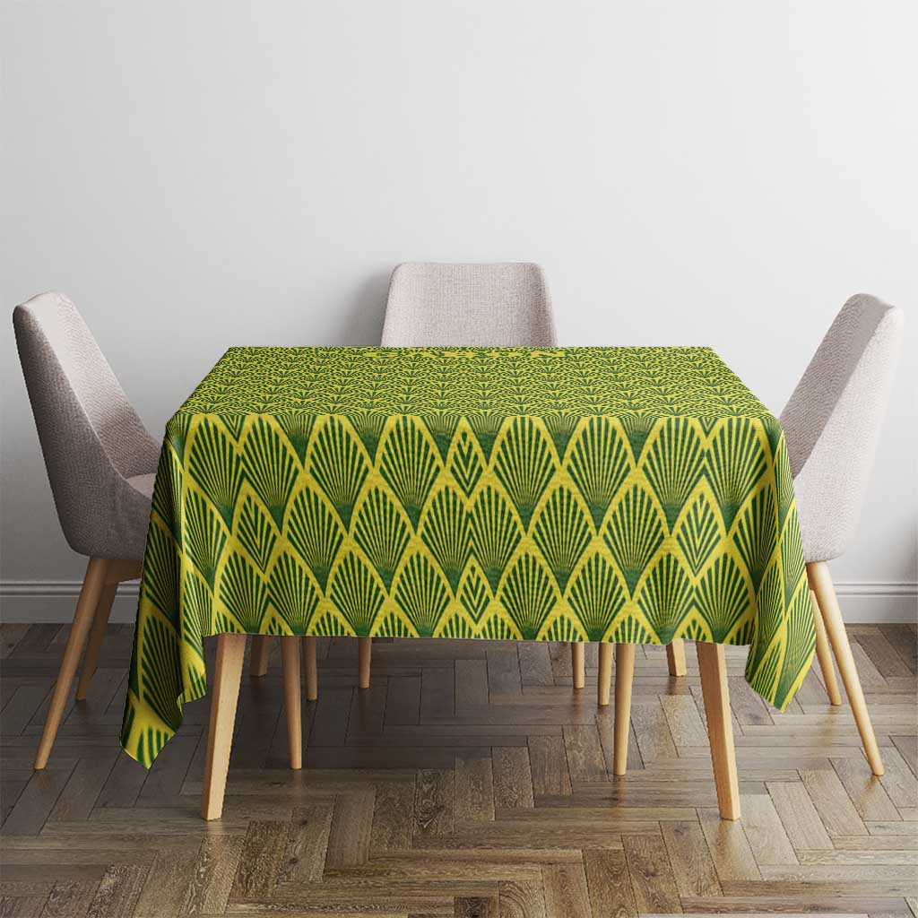 Gabon Tribal Pattern Tablecloth with National Flag Colors and Bold Text Design