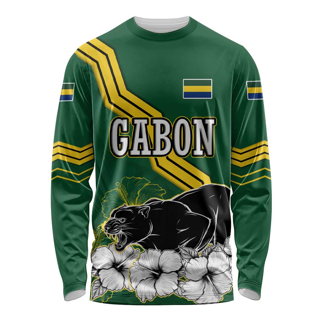 Gabon Long Sleeve Shirt with Black Panther Graphic and Hibiscus Flower Design in National Colors