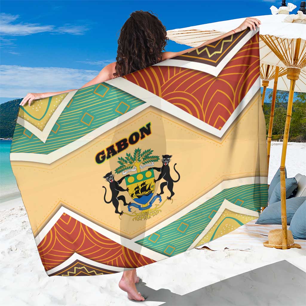Gabon Sarong with National Coat of Arms and Tribal Pattern Map Design in Bold Colors