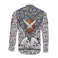 HBCU Black History Legacy Long Sleeve Button Shirt Word Cloud African Shield Knowledge Book