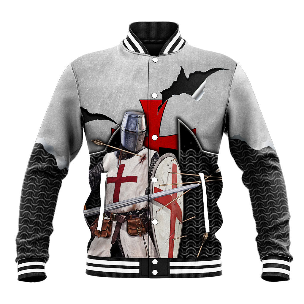 Knights Templar Warrior Red Cross Baseball Jacket Crusader Knight In Chainmail Armor With Shield And Sword Art