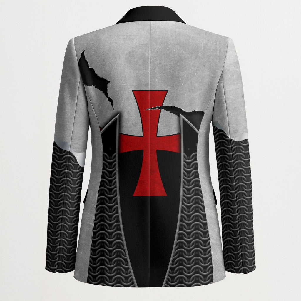 Knights Templar Warrior Red Cross Blazer Crusader Knight In Chainmail Armor With Shield And Sword Art