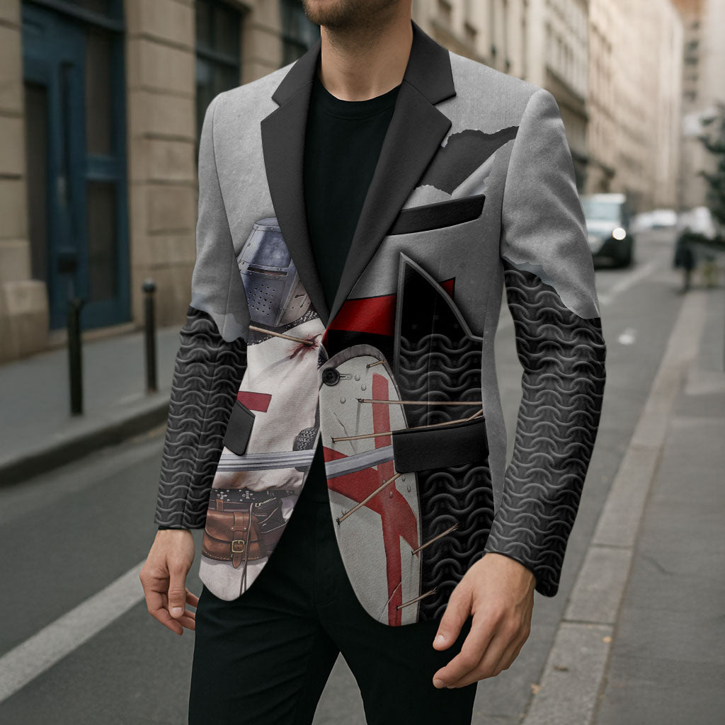 Knights Templar Warrior Red Cross Blazer Crusader Knight In Chainmail Armor With Shield And Sword Art