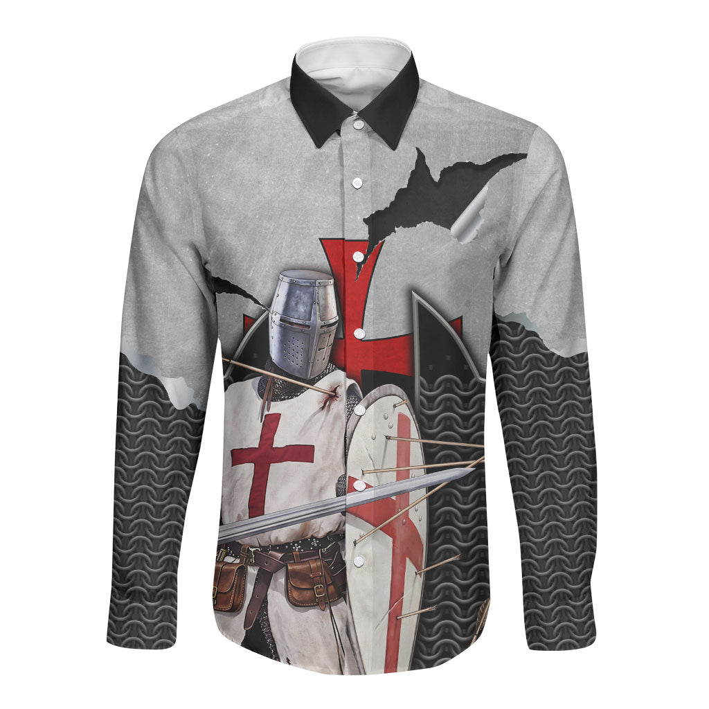 Knights Templar Warrior Red Cross Long Sleeve Button Shirt Crusader Knight In Chainmail Armor With Shield And Sword Art