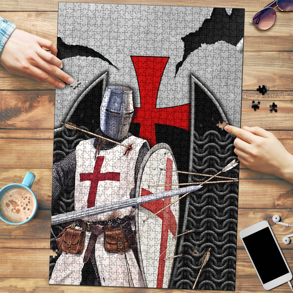 Knights Templar Warrior Red Cross Puzzle Crusader Knight In Chainmail Armor With Shield And Sword Art