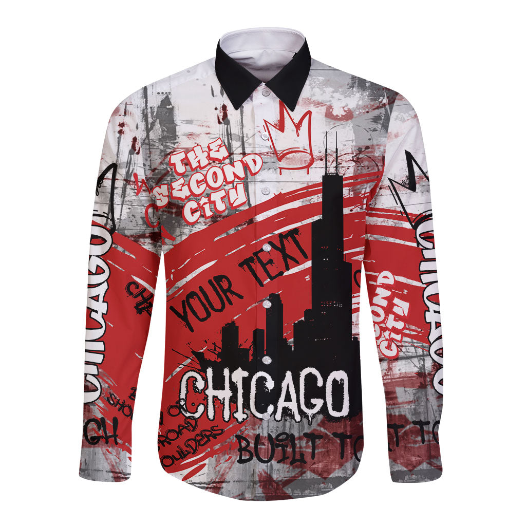 Personalized Chicago City Skyline Long Sleeve Button Shirt Urban Graffiti Street Art - Second City Windy City