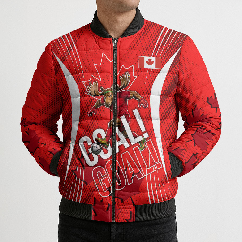 Personalized Canada Soccer Moose Goal Bomber Puffer Jacket Red Maple Leaf Football Mascot