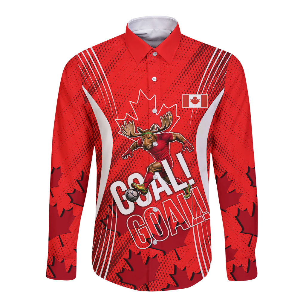 Personalized Canada Soccer Moose Goal Long Sleeve Button Shirt Red Maple Leaf Football Mascot