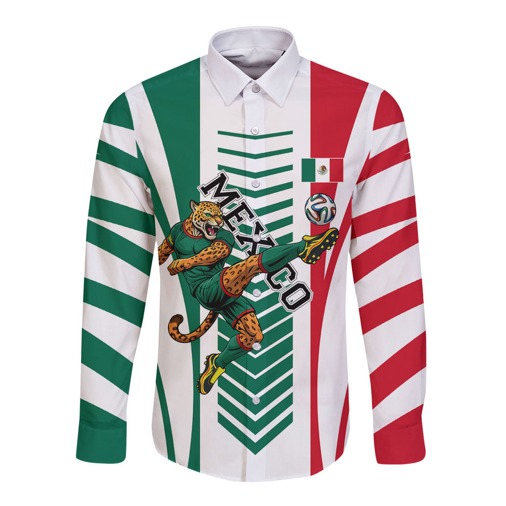Personalized Mexico Football Long Sleeve Button Shirt Mexican Flag Jaguar Mascot Soccer Ball