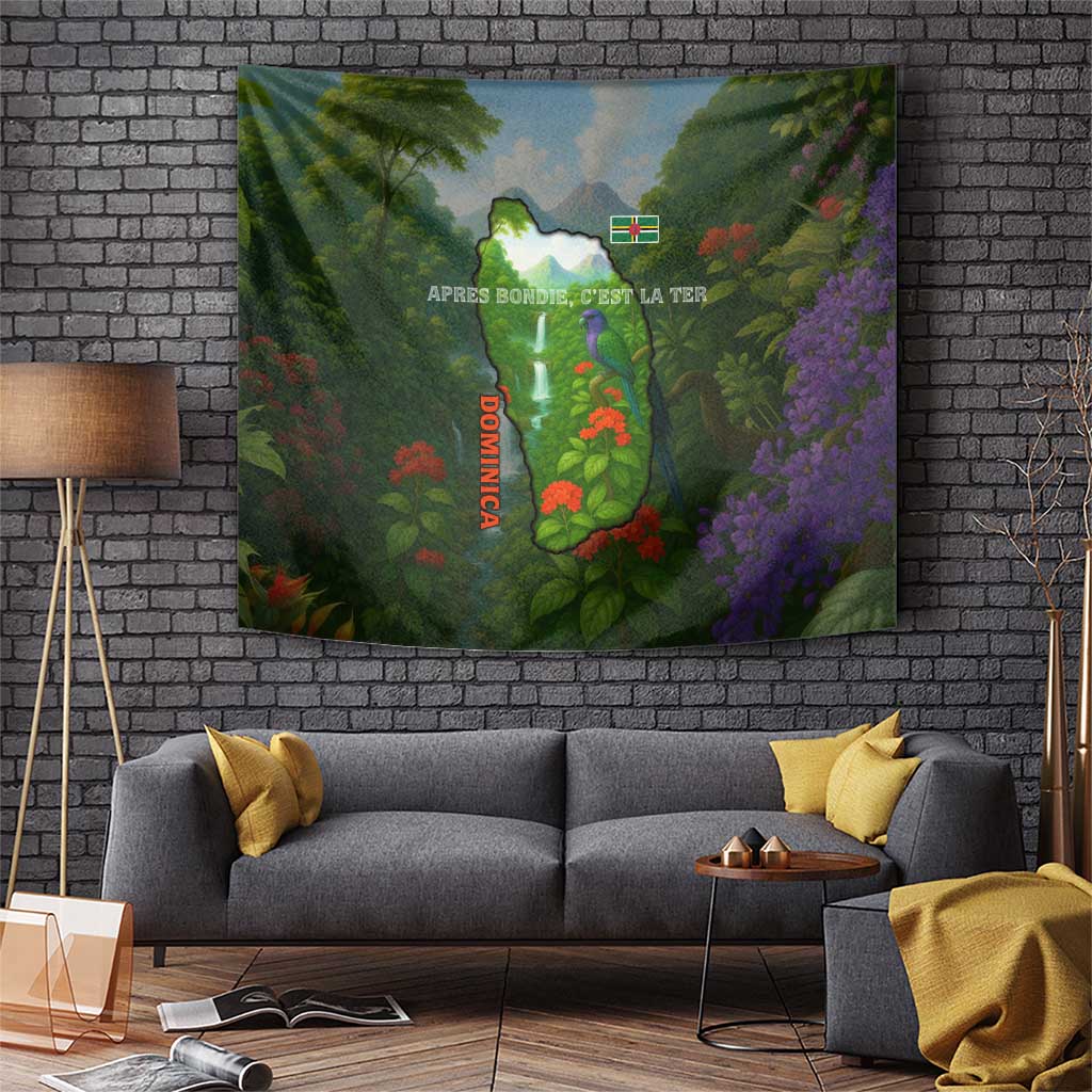 Dominica Nature Tapestry Sisserou Parrot and Waterfall Island Map with National Flag Design - Wonder Print Shop