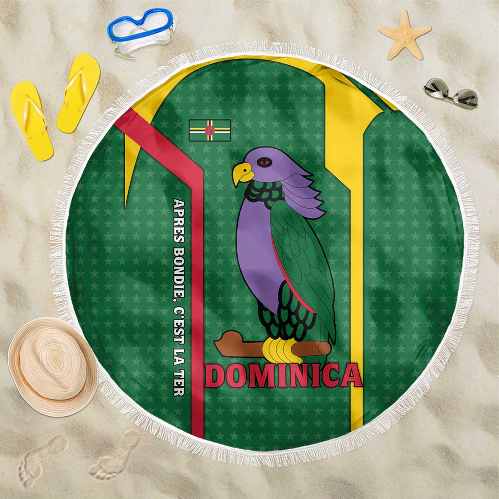 Dominica Flag Beach Blanket National Parrot and Stars Design with Motto Apres Bondie C’est La Ter - Wonder Print Shop