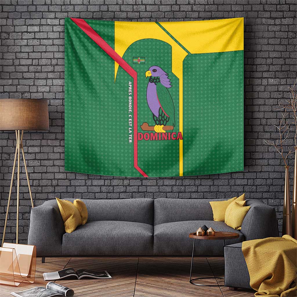 Dominica flag tapestry with parrot and stars, green fabric with yellow-red border
