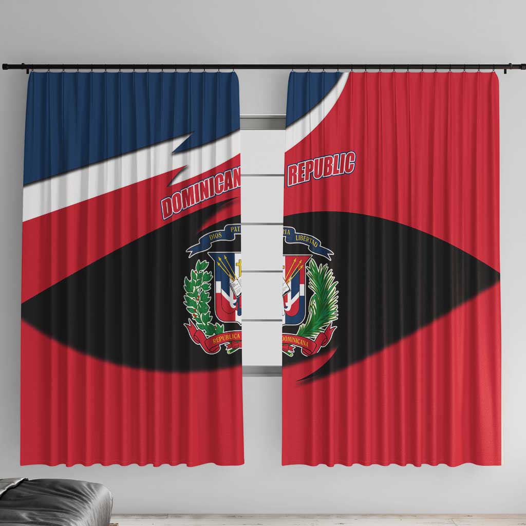 Dominican Republic flag window curtain, red blue black with centered coat of arms
