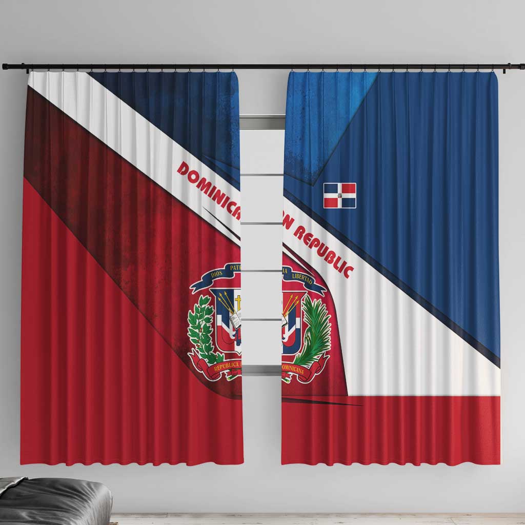 Dominican flag window curtain with coat of arms and island silhouette, hanging panels