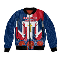 Dominican Republic Flag Bomber Jacket with Cross and Floral Design Red Blue Pattern - Wonder Print Shop