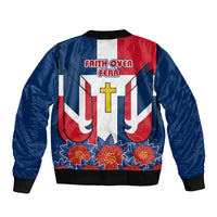 Dominican Republic Flag Bomber Jacket with Cross and Floral Design Red Blue Pattern - Wonder Print Shop