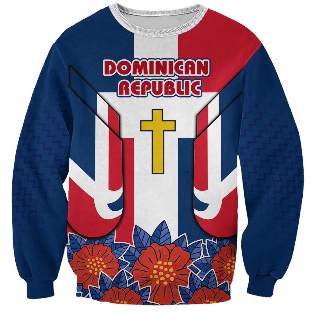 Dominican Republic Flag Sweatshirt with Cross and Floral Design Red Blue Pattern - Wonder Print Shop