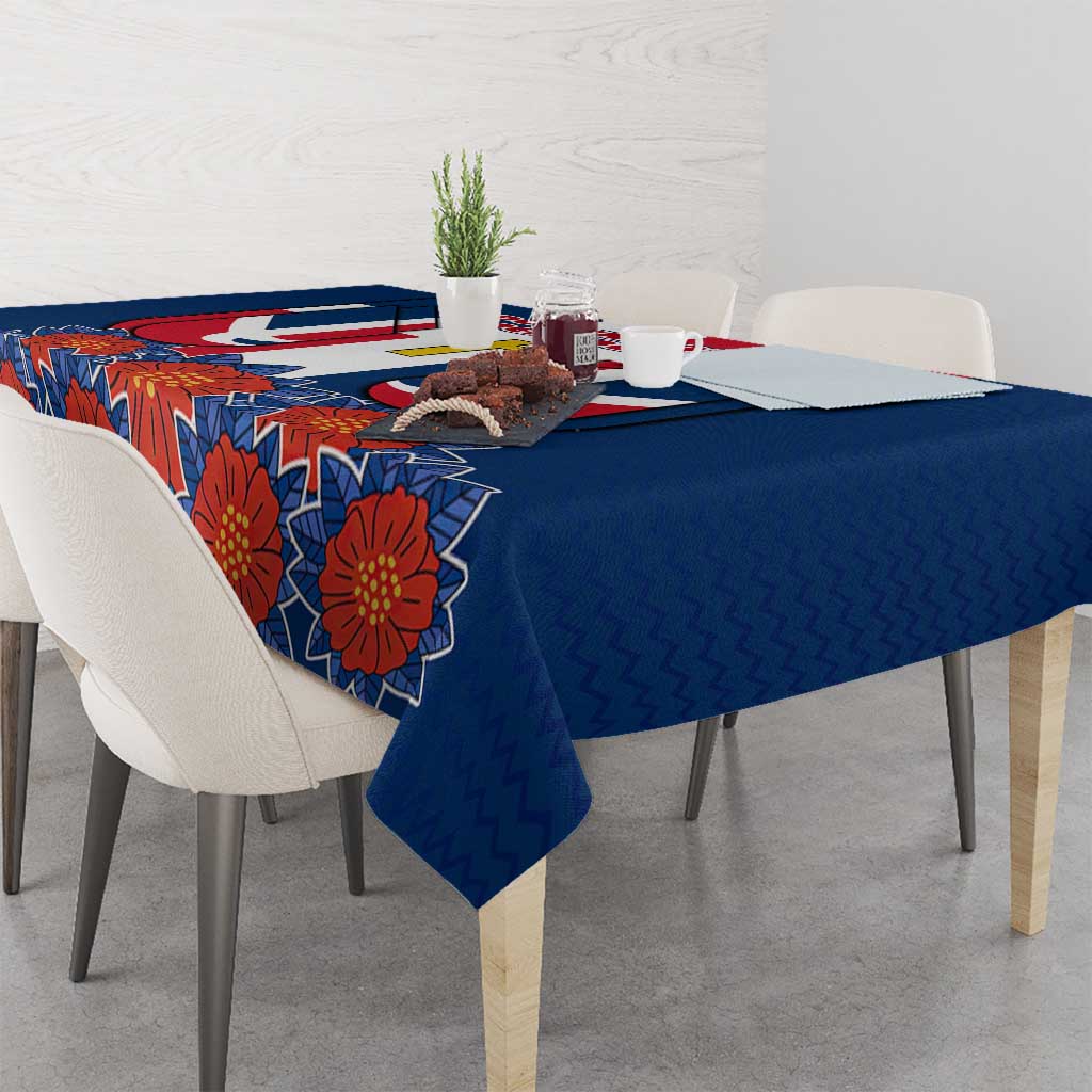 Dominican Republic Flag Tablecloth with Cross and Floral Design Red Blue Pattern - Wonder Print Shop