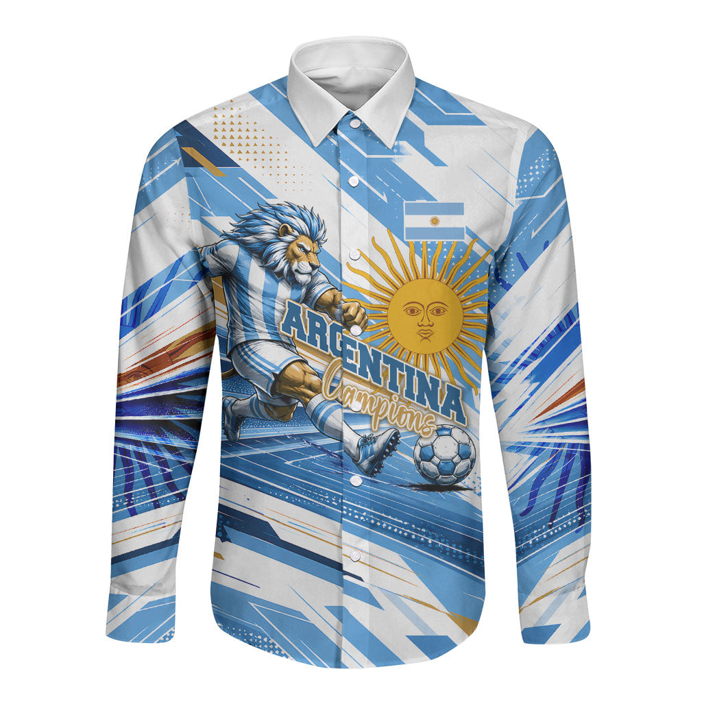 Personalized Argentina Football Champions Long Sleeve Button Shirt Sun Of May Lion Mascot - Style of King