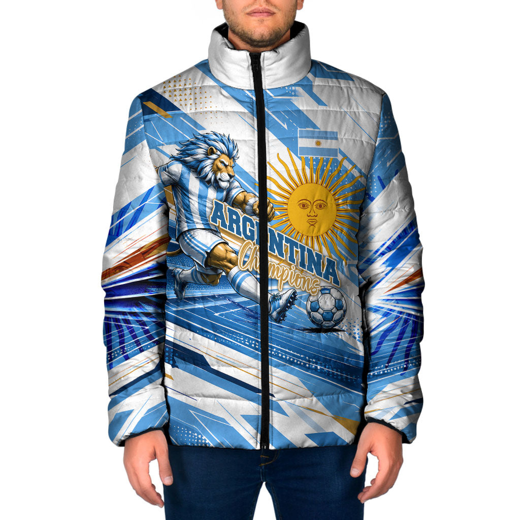 Personalized Argentina Football Champions Padded Jacket Sun Of May Lion Mascot - Style of King