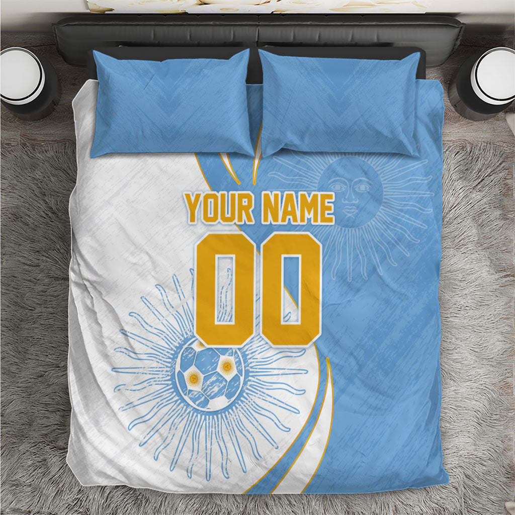 Personalized Argentina Football Fan Pride Bedding Set Sun Of May Motif With Distressed Textures And Waves